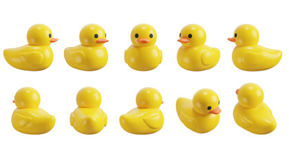 Rubber Ducks, 3D icon set. Classic yellow bath toys in various angles and poses. Childhood fun, water play, and toddler entertainment. 3D object on a transparent background