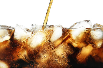Pouring refreshing cola into glass with ice isolated on white