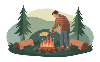 Outdoor Cooking Adventure A Man Making Pancakes on Campfire