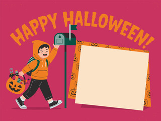 A cheerful Halloween greeting card with a child trick-or-treating