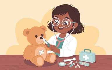 A flat vector illustration of a child in a doctor's coat treating a plush toy with a medical kit
