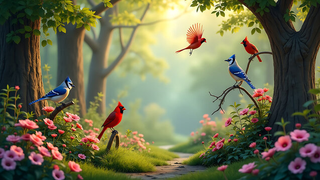 Enchanting forest scene with colorful birds perched among blooming flowers and sunlit trees