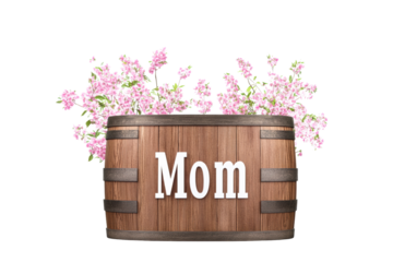 Rustic wooden barrel with pink flowers and Mom text, cut out transparent