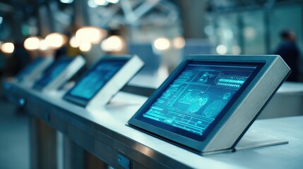 Futuristic control room monitoring system showing brain activity and data analysis on multiple screens