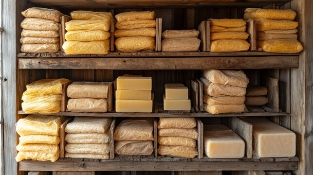 Wooden shelves stacked high with blocks and bundles of yellow and beige items