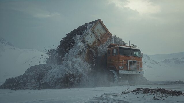 Tipping orange dump truck unloading rock onto snowy plateau, with mountain peaks, copy space - Powered by Adobe
