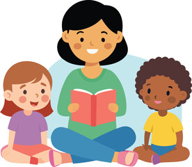 Happy diverse children sitting on floor listening to a smiling teacher reading a book isolated on transparent background