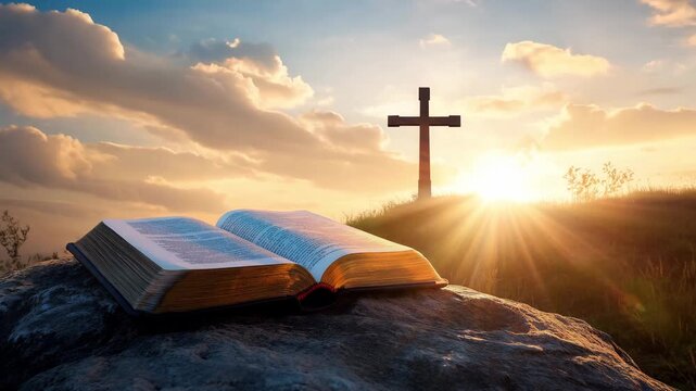A bright sunrise illuminates an open Bible resting on a rock with a cross positioned in the background against a cloudy sky