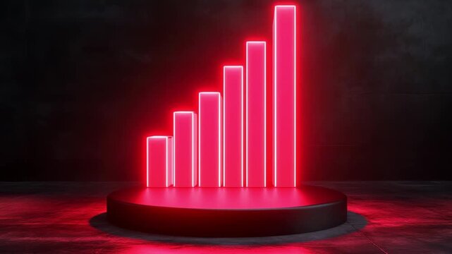A dynamic representation of growth bars in red neon lights showcases an upward trend on a dark platform for business analysis - Powered by Adobe