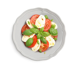 Tasty salad Caprese with mozzarella, tomatoes, basil and spices isolated on white, top view