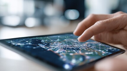 Businessman using tablet showing futuristic gps tracking city map with data points