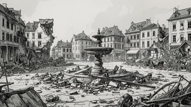 Standing ornate stone fountain surrounded by shattered masonry, broken wagon wheels in town square - Powered by Adobe