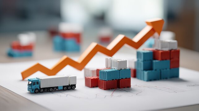 Cargo growth shown by upward arrow and stacked containers