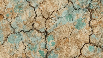 Obraz premium Displaying cracks spreading across parched earth, with mottled tan and turquoise patches