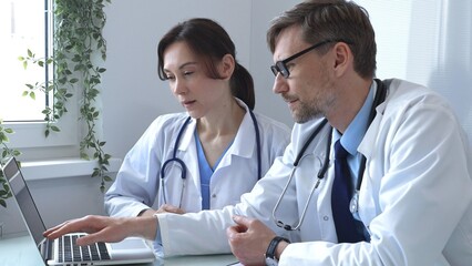 Two doctors are studying medical charts on a laptop, discussing patient data in a hospital or...