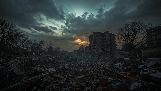 Showing damaged apartment towers standing amid rubble field at disaster site, with twisted beams - Powered by Adobe