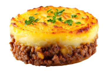 A single serving of shepherds pie with mashed potato topping and herbs, isolated on transparent background