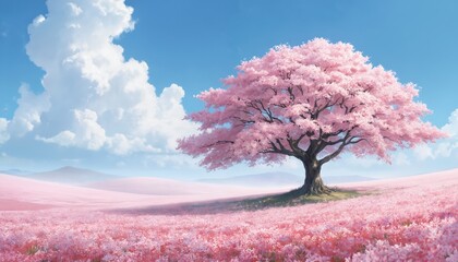 Large cherry blossom tree in full bloom amidst field of pink flowers under blue sky with serene water body reflection. Soft light creates peaceful atmosphere, surrounded by smaller trees, foliage.