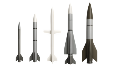 Transparent Flat-Lay of Multiple Real Missile Types – PNG Cutout for Military Use