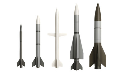 Transparent Flat-Lay of Multiple Real Missile Types – PNG Cutout for Military Use