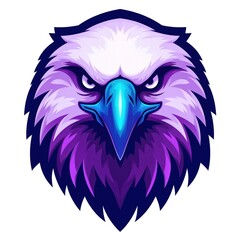 Bold cartoon eagle head logo in royal blue, purple colors. Front view of eagle bird head with spread wings, fierce gaze. Striking combination of purple, blue hues creates depth, movement. Dynamic