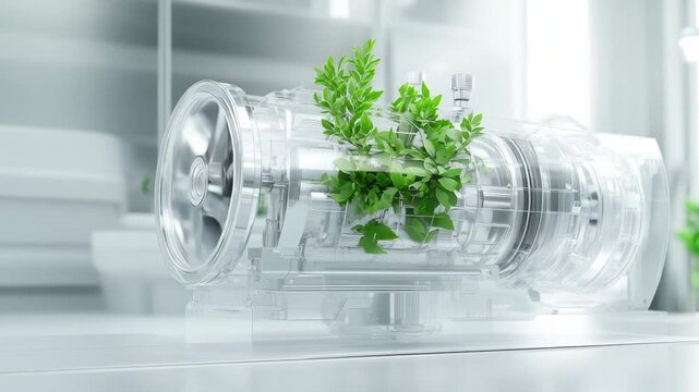 A transparent turbine integrated with lush greenery at a futuristic lab, representing a fusion of technology and nature