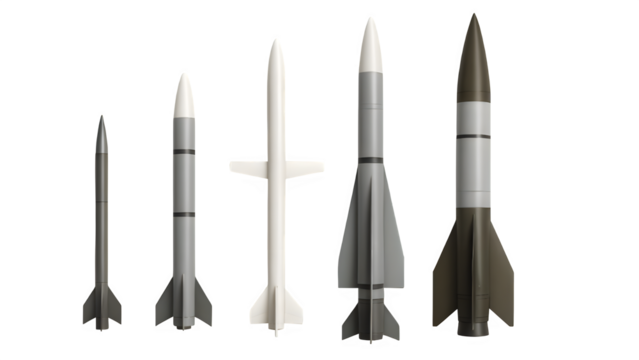 Transparent Flat-Lay of Multiple Real Missile Types – PNG Cutout for Military Use