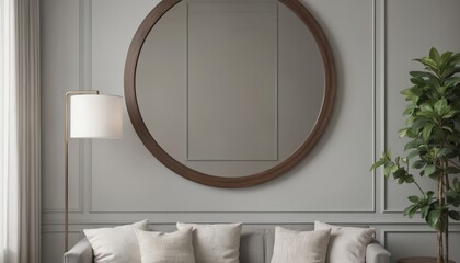 Large mirror with dark walnut frame hung in serene living room with white couch, green plant, floor lamp, and throw pillow. Minimalist decor and muted colors create sense of tranquility and luxury.