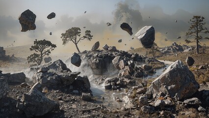 Hovering giant floating boulder defying gravity on rocky plain, with winding stream and trees