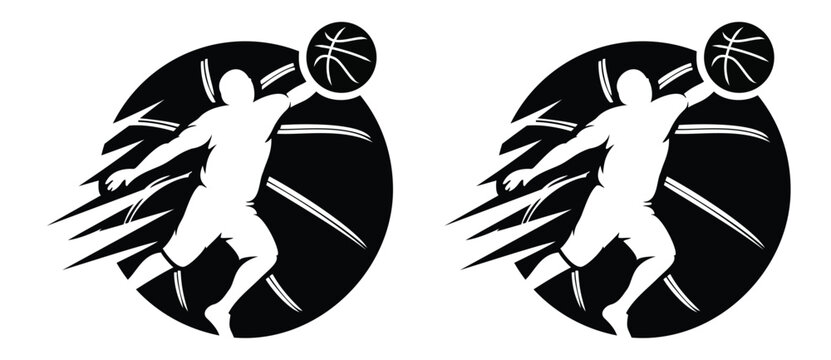 A dynamic basketball player silhouette performing a slam dunk, ideal for sports logos and game promotions. - Powered by Adobe