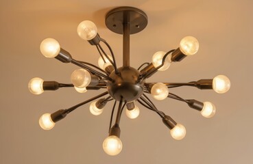 Ceiling fixture with spherical metal body, white bulbs. Centrally positioned against light beige background. Warm glow from below. Spherical body made of metal wires. White bulbs encircle center