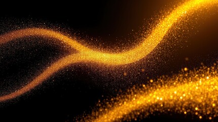 A high-resolution stock photo depicting a grand epic scene of a gold dust glitter sparkle wave texture on a black background. 