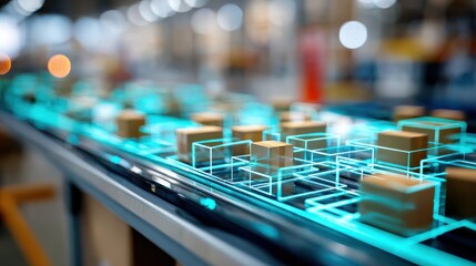 Smart warehouse management system tracking packages moving on conveyor belt