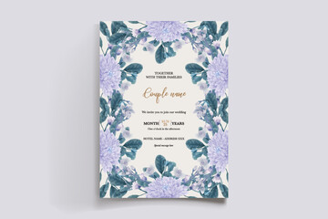 WEDDING INVITATION FRAME WITH FLOWER DECORATIONS AND FRESH LEAVES