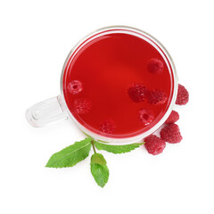 Aromatic raspberry tea in glass cup, berries and green leaves isolated on white, top view