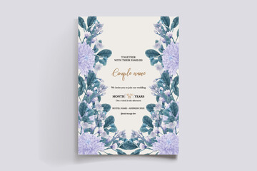 WEDDING INVITATION FRAME WITH FLOWER DECORATIONS AND FRESH LEAVES