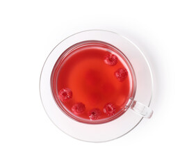 Tasty raspberry tea in glass cup isolated on white, top view