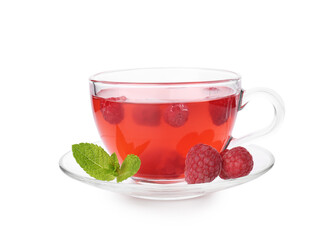 Tasty raspberry tea in glass cup, berries and mint isolated on white