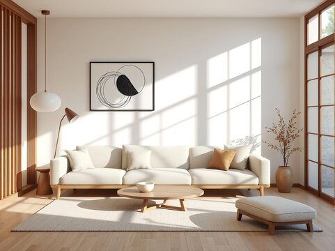 japandi style living room, cream fabric sofa, geometric wall art, shoji light, minimal design, neutral palette, natural wood decor, serene mood
