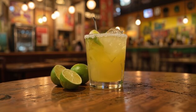 Lively Mexican bar scene. Glass filled with yellow cocktail sits on wooden table with lime slices. People socialize in foreground, cityscape, restaurant images play on large screen in background.
