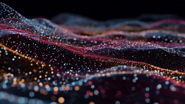 Digital Waves: Abstract representation of interconnected data and information, creating a sense of dynamic movement, interconnectedness and complexity.