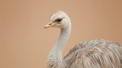 Fototapeta premium Showing adult ostrich side view head and neck against beige backdrop, highlighting textured plumage