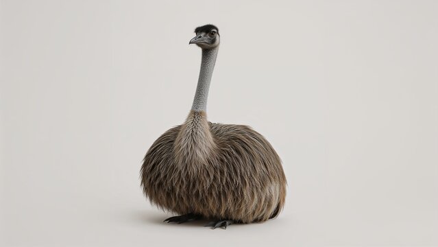Sitting single emu showing long neck and fluffy body in studio environment, neutral backdrop - Powered by Adobe