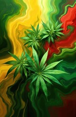 Digital artwork of cannabis plant with green foliage, white flower, red and yellow flowers. Vibrant colors in gradient background. Gray frame adds balance, harmony.