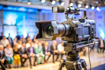 Obraz premium A professional video camera on a tripod filming an event with an audience