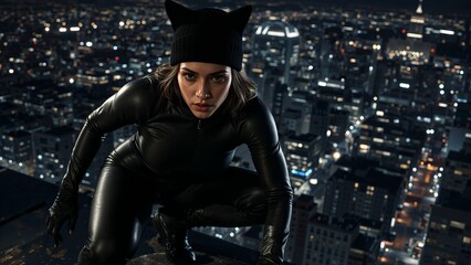 Crouching woman wearing black catsuit gloves cat-ear beanie on rooftop ledge at night, city skyline