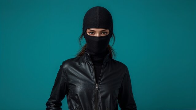 Standing female figure in studio, wearing black balaclava and leather jacket against teal backdrop
