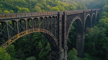 Bridge arch geometry vintage railway trestle multiple iron spans woodland background transportation infrastructure weathered metal construction