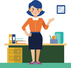 Friendly professional woman standing confidently behind her desk in an office environment isolated on transparent background