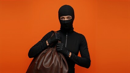 Holding brown leather bag, burglar in black balaclava and gloves standing against orange backdrop